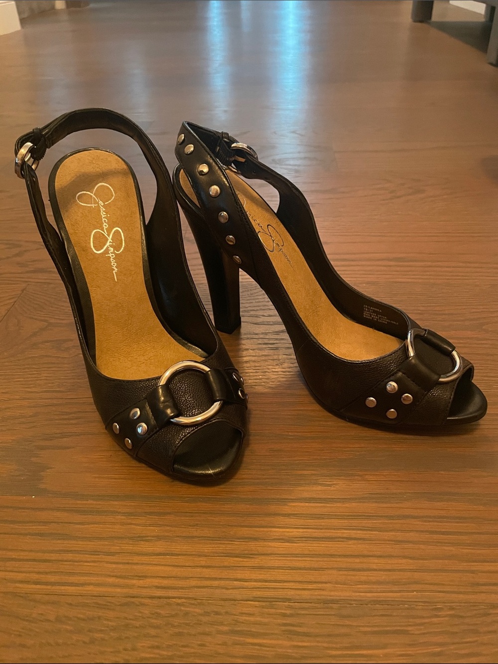 Jessica Simpson Black Studded Peep-Toe Slingback Heels with Buckle Ring